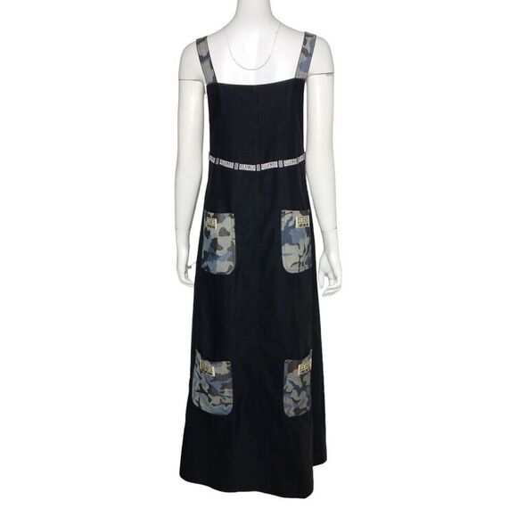 Marithe Francois Girbaud Maxi A-Line Black Overall Dress Patches Size 34 2 XS - Picture 3 of 8